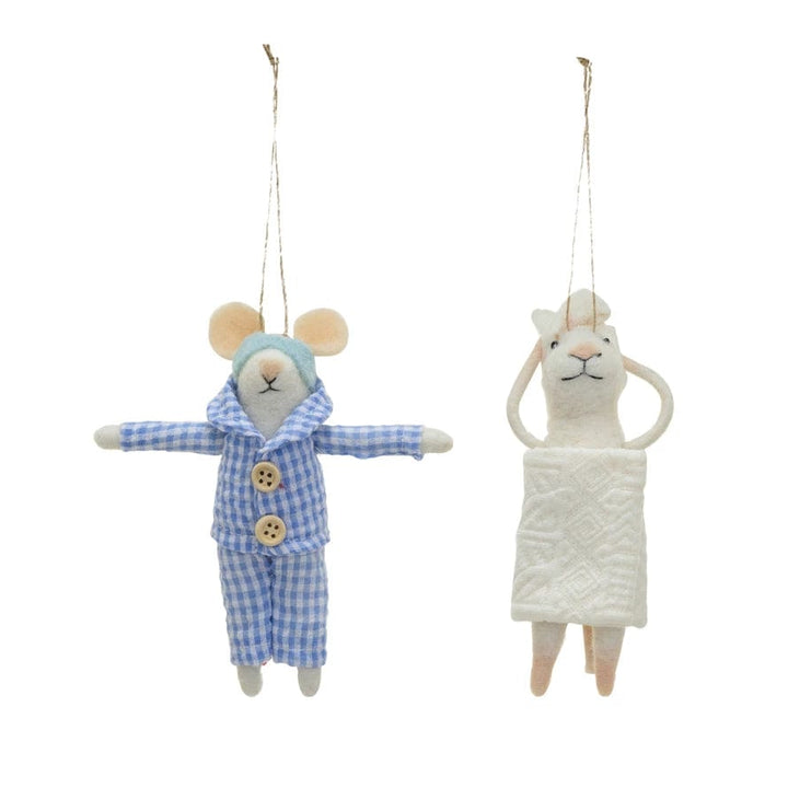 Creative Coop Holiday Ornaments Wool Felt Mouse in Pajamas/Towel Ornament