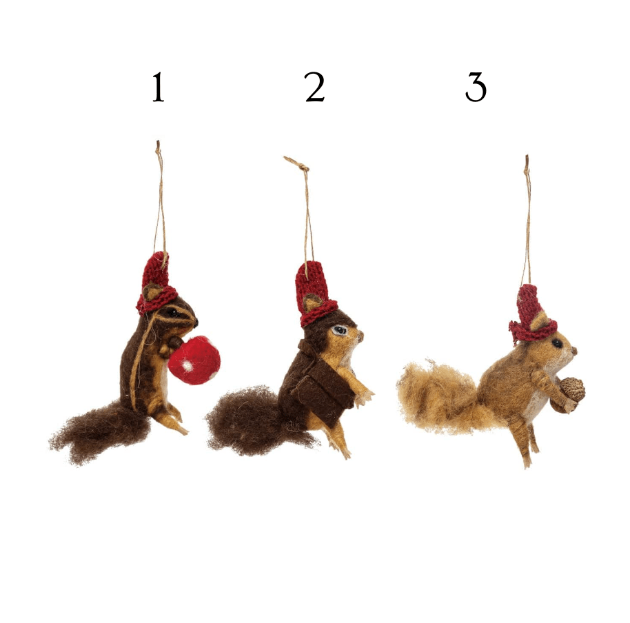 Creative Coop Holiday Ornaments Wool Felt Squirrel in Hat Ornament | 3 Styles