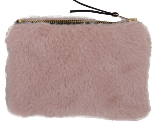 Creative Coop Holiday Pink Faux Fur Fabric Zip Pouch