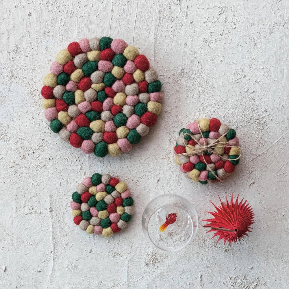 Creative Coop Holiday Round Handmade Wool Felt Ball Trivet