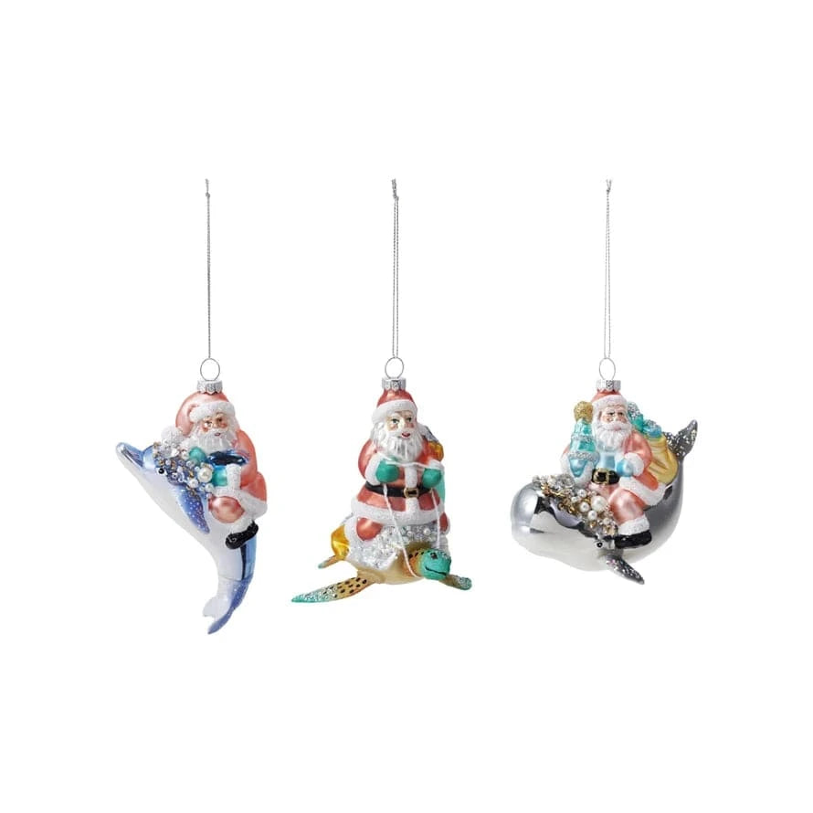Creative Coop Holiday Santa Riding Sea Life Ornament with Glitter & Sequins