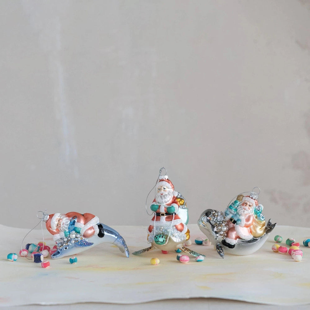 Creative Coop Holiday Santa Riding Sea Life Ornament with Glitter & Sequins