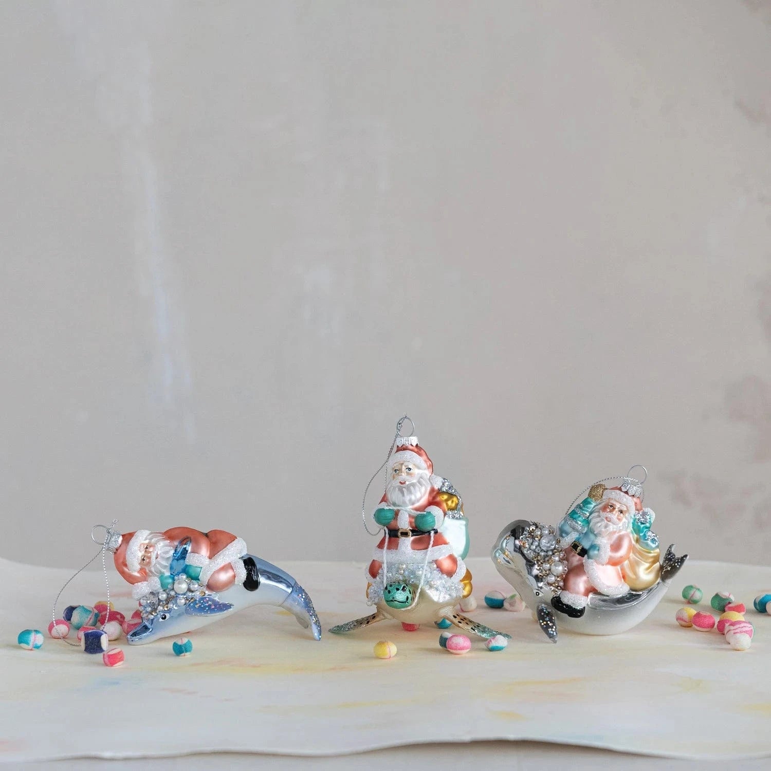 Creative Coop Holiday Santa Riding Sea Life Ornament with Glitter & Sequins