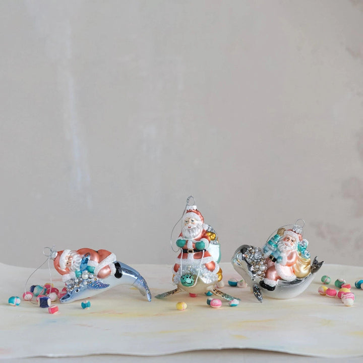 Creative Coop Holiday Santa Riding Sea Life Ornament with Glitter & Sequins