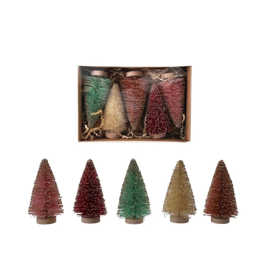 Creative Coop Holiday Sisal Bottle Brush Trees with Glitter & Wood Bases, Boxed Set of 5
