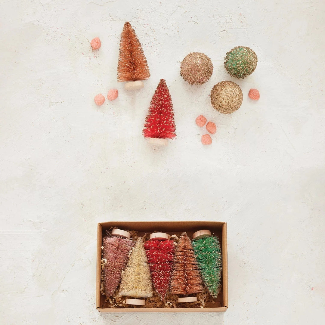 Creative Coop Holiday Sisal Bottle Brush Trees with Glitter & Wood Bases, Boxed Set of 5