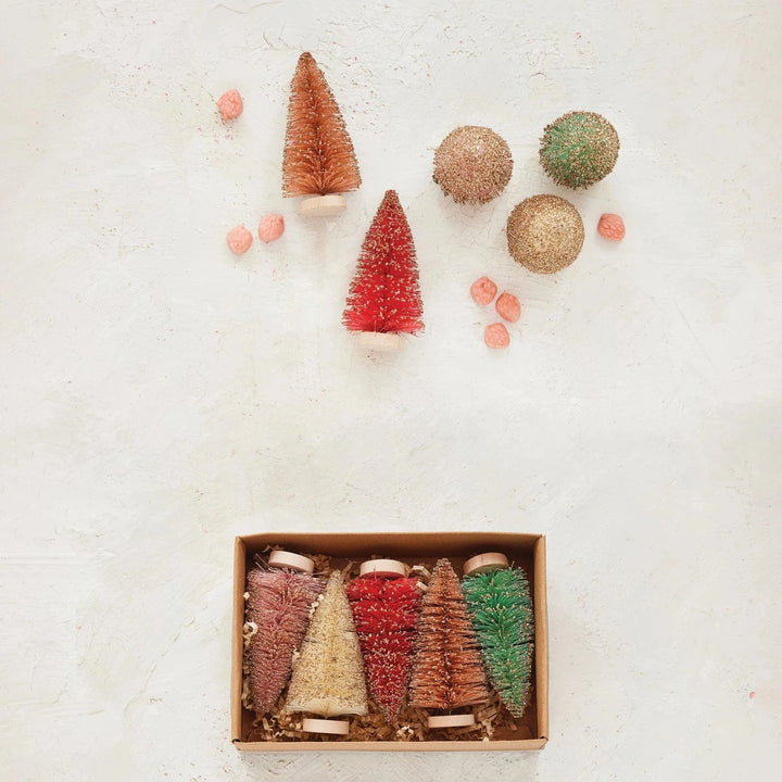 Creative Coop Holiday Sisal Bottle Brush Trees with Glitter & Wood Bases, Boxed Set of 5