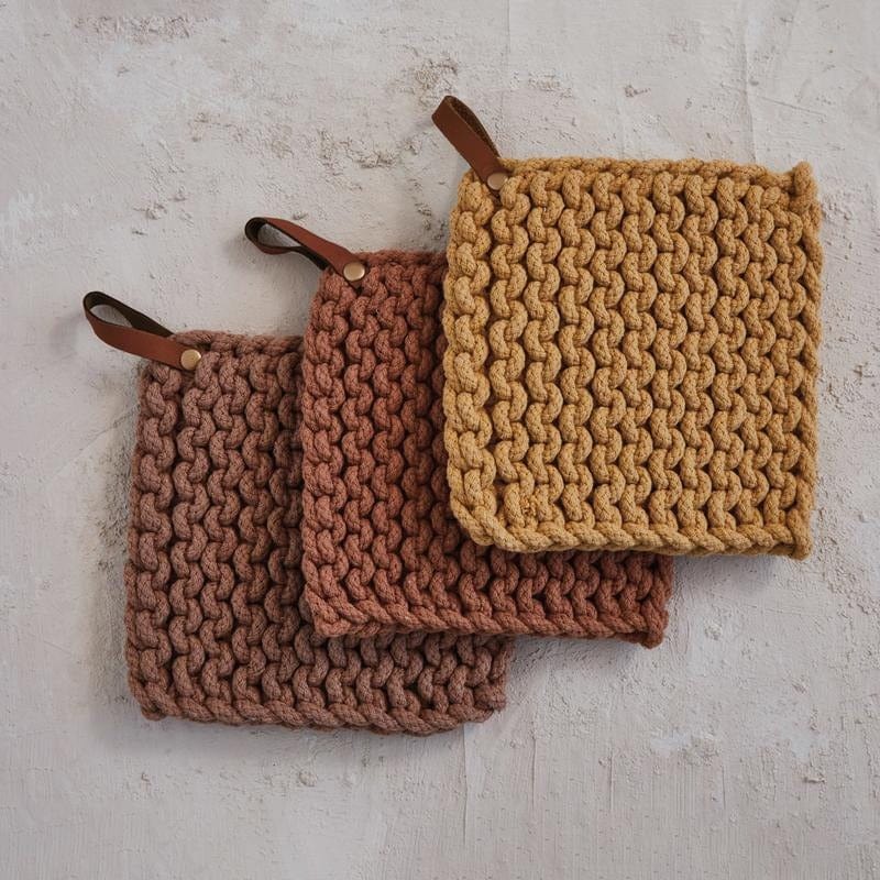 Creative Coop Holiday Square Cotton Crocheted Pot Holder w/ Leather Loop
