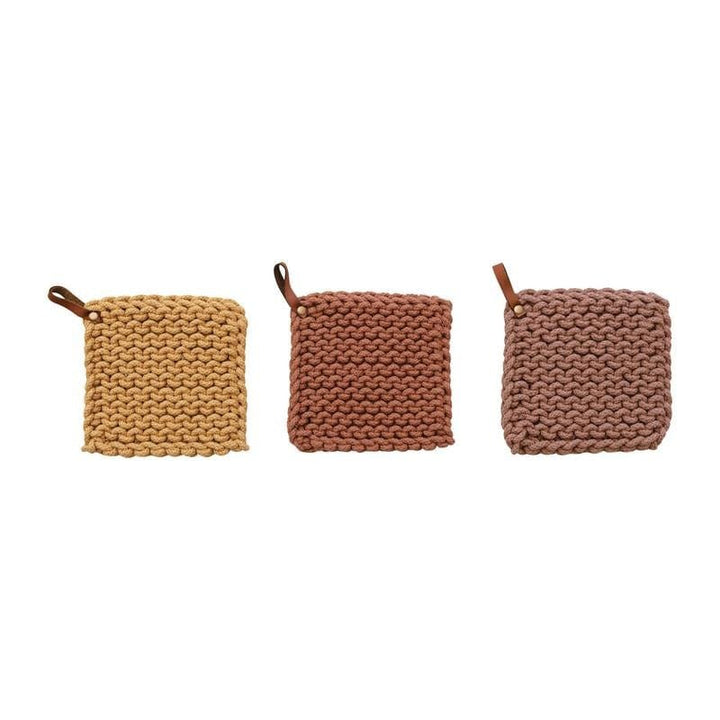 Creative Coop Holiday Square Cotton Crocheted Pot Holder w/ Leather Loop