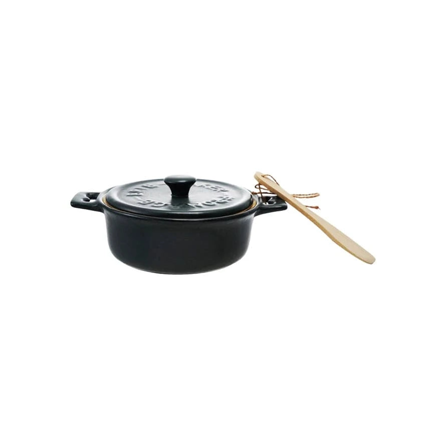 Creative Coop Holiday Stoneware Brie Baker with Bamboo Spreader, Set of 2