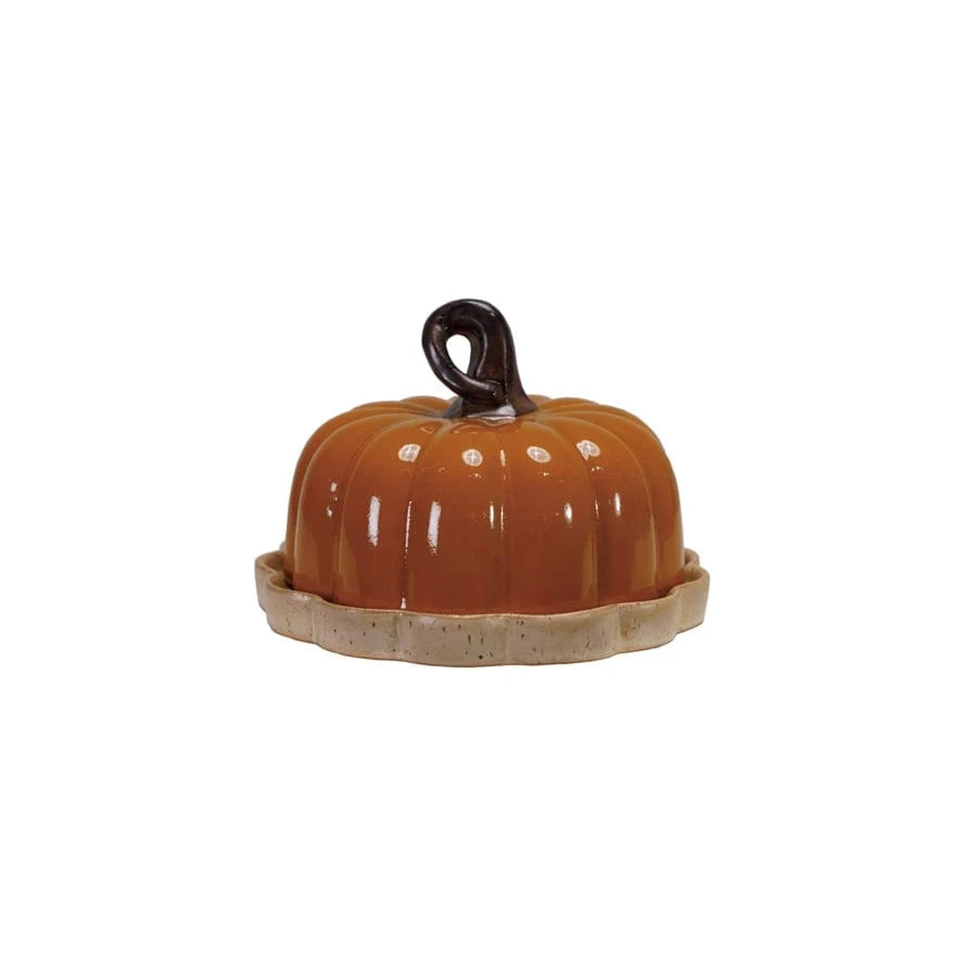 Creative Coop Holiday Stoneware Pumpkin Shaped Butter Dish with Stem Handle