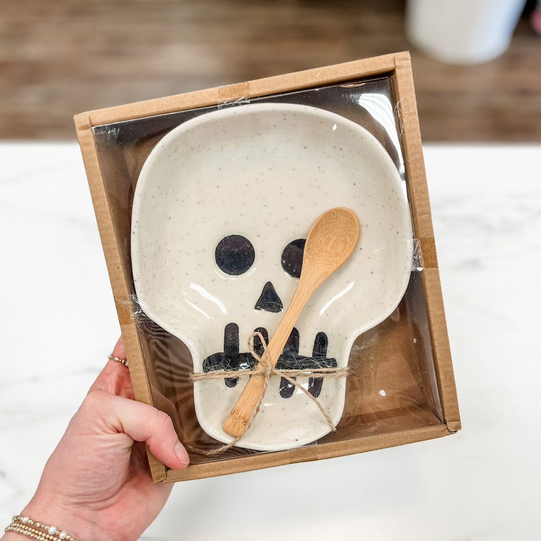 Creative Coop Holiday Stoneware Skull Shaped Dish with Spoon
