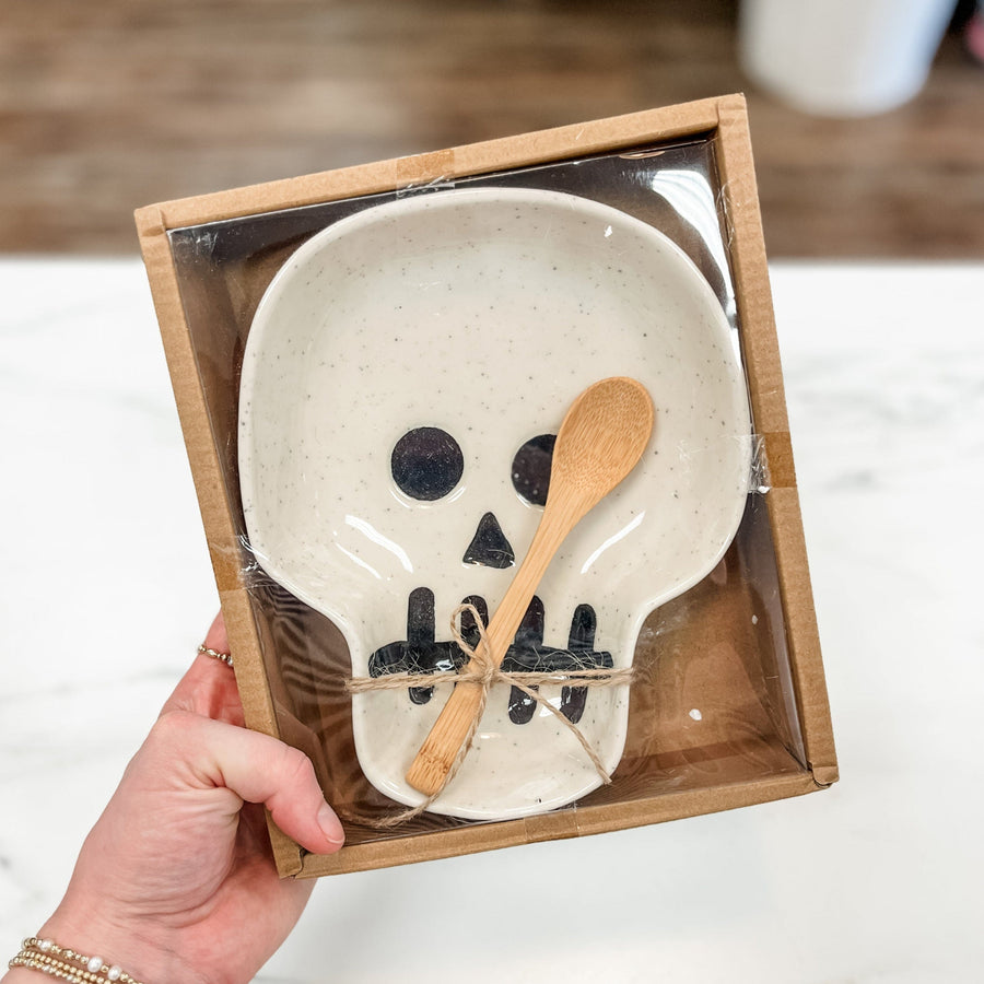 Creative Coop Holiday Stoneware Skull Shaped Dish with Spoon