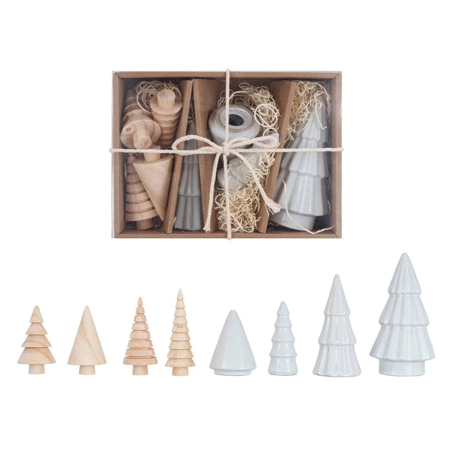 Creative Coop Holiday Stoneware & Wood Christmas Trees, White & Natural, Boxed Set of 9