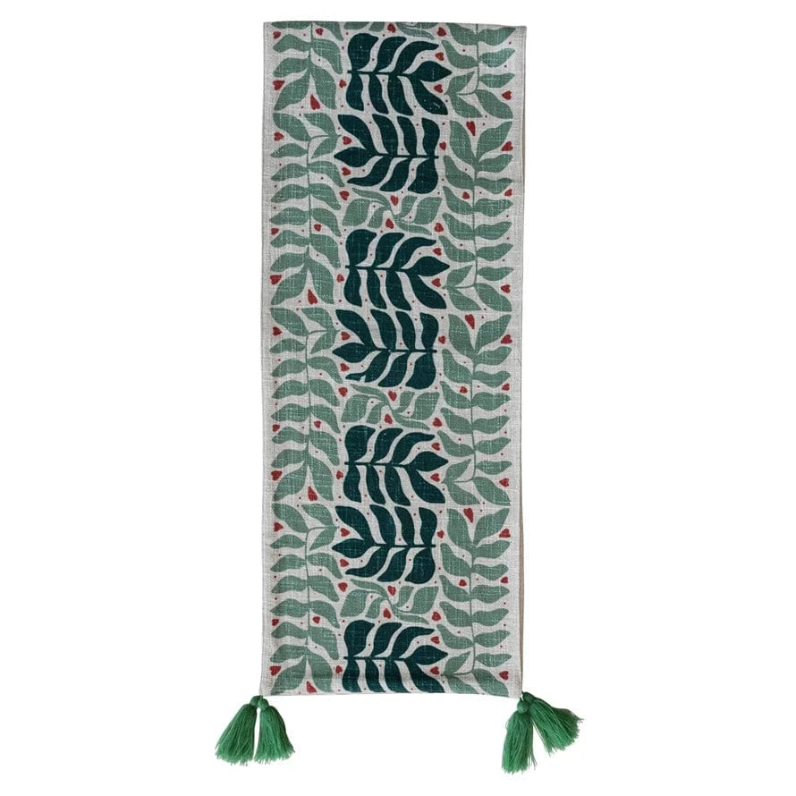 Creative Coop Holiday Table Runner with Seasonal Botanical Pattern & Tassels, Natural