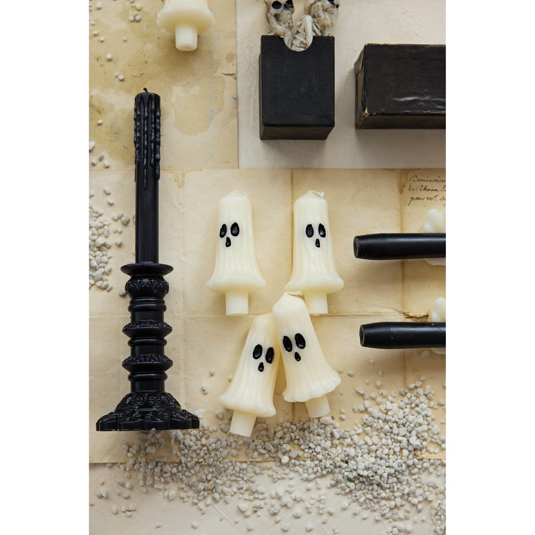 Creative Coop Holiday Unscented Ghost Shaped Bottle Taper Candles | White | Set of 4