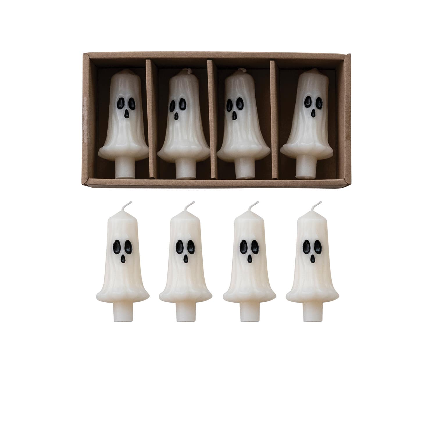 Creative Coop Holiday Unscented Ghost Shaped Bottle Taper Candles | White | Set of 4