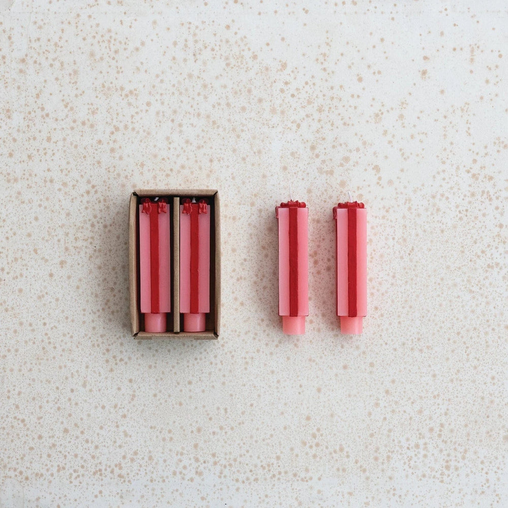 Creative Coop Holiday Unscented Package Shaped Taper Candles, Pink & Red, Set of 2