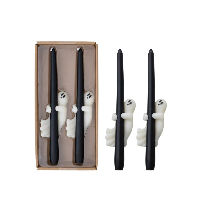 Creative Coop Holiday Unscented Taper Candles with Ghost | Black | Set of 2