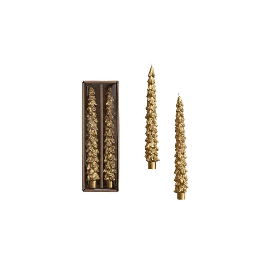 Creative Coop Holiday Unscented Tree Shaped Taper Candles in Box, Gold | Set of 2