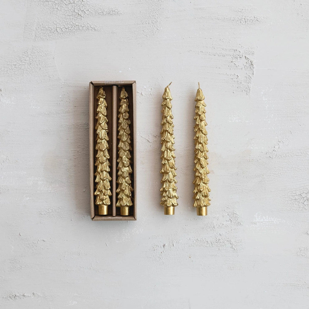 Creative Coop Holiday Unscented Tree Shaped Taper Candles in Box, Gold | Set of 2