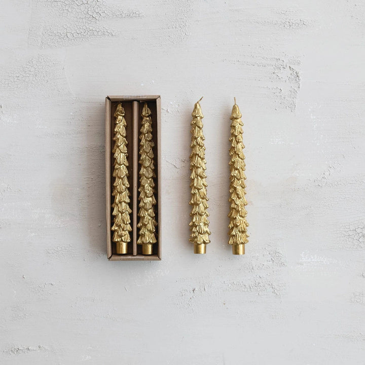 Creative Coop Holiday Unscented Tree Shaped Taper Candles in Box, Gold | Set of 2