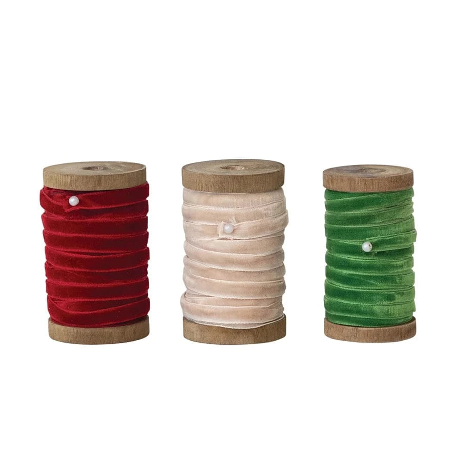 Creative Coop Holiday Velvet Ribbon on Wood Spool