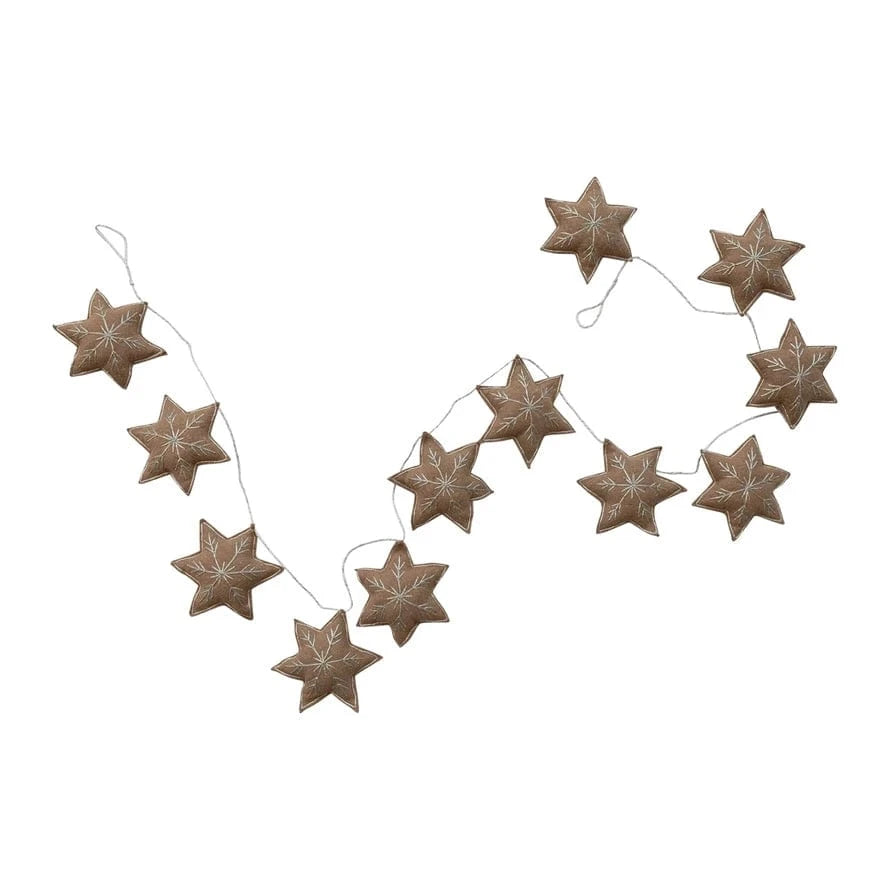 Creative Coop Holiday Woven Wool Star Garland with Metallic Thread Embroidery, Brown
