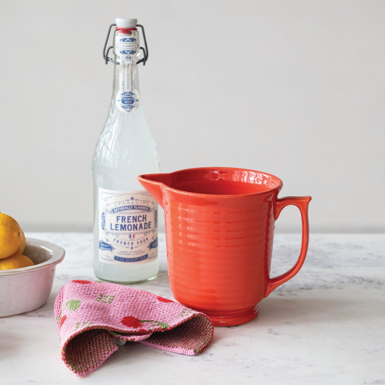 Creative Coop Home 1-1/4 Quart Stoneware Vintage Reproduction Ribbed Pitcher, Orange Color