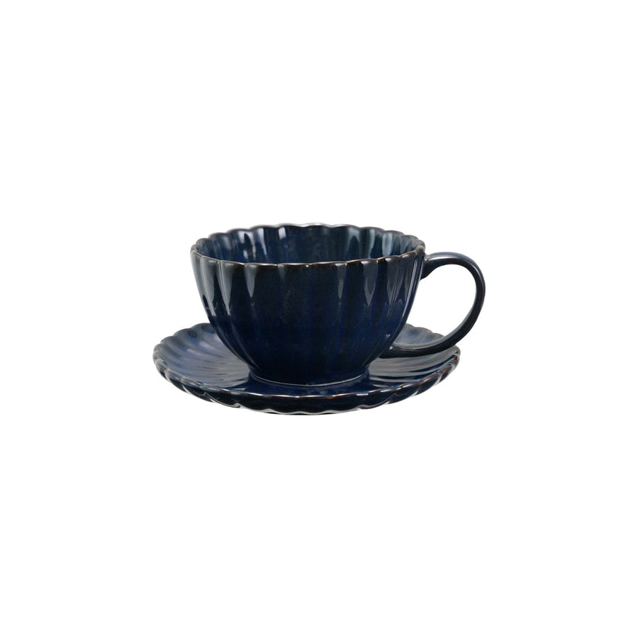 Creative Coop Home 10 oz. Stoneware Ribbed Mug with Saucer, Reactive Glaze, Set of 2 Blue