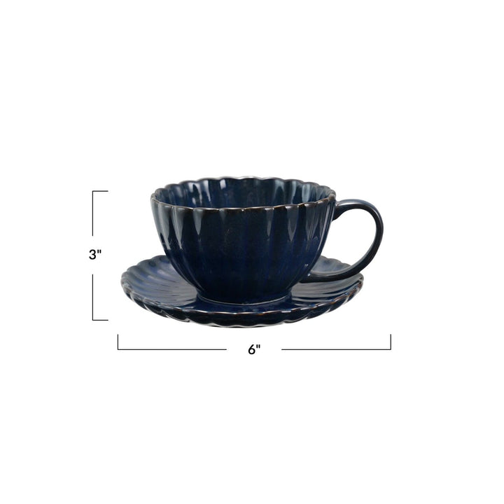 Creative Coop Home 10 oz. Stoneware Ribbed Mug with Saucer, Reactive Glaze, Set of 2 Blue