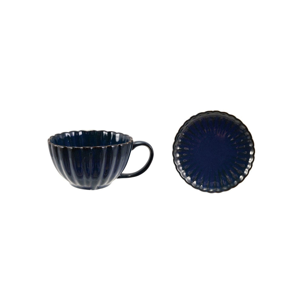 Creative Coop Home 10 oz. Stoneware Ribbed Mug with Saucer, Reactive Glaze, Set of 2 Blue
