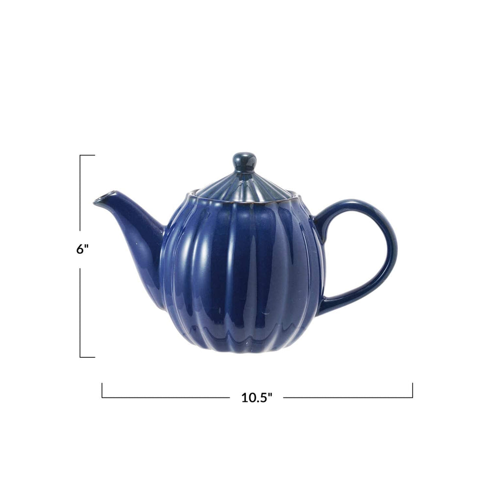 Creative Coop Home 34 oz. Stoneware Ribbed Teapot, Reactive Glaze, Blue (Each One Will Vary)