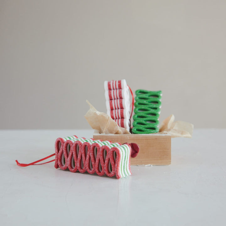 Creative Coop Home Clay Striped Ribbon Candy Ornament with Glitter | 3 Styles