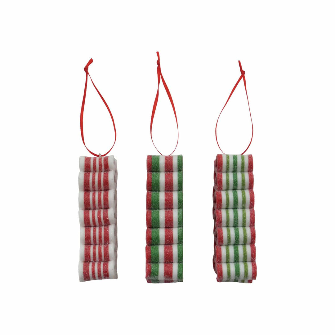 Creative Coop Home Clay Striped Ribbon Candy Ornament with Glitter | 3 Styles
