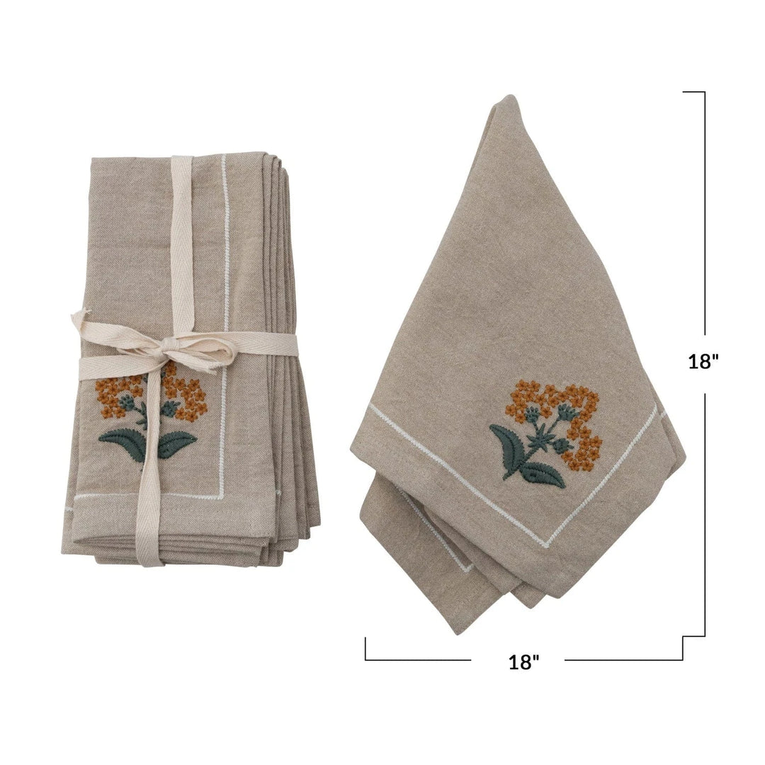 Creative Coop Home Cotton Napkins with Floral Embroidery & French Knots, Set of 4