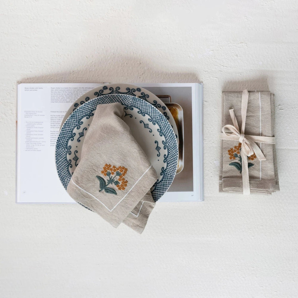 Creative Coop Home Cotton Napkins with Floral Embroidery & French Knots, Set of 4