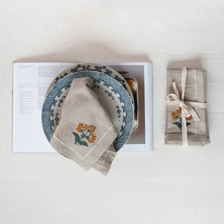 Creative Coop Home Cotton Napkins with Floral Embroidery & French Knots, Set of 4