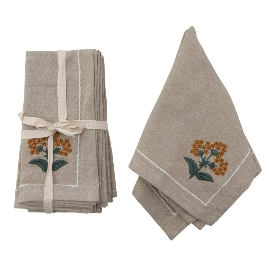 Creative Coop Home Cotton Napkins with Floral Embroidery & French Knots, Set of 4