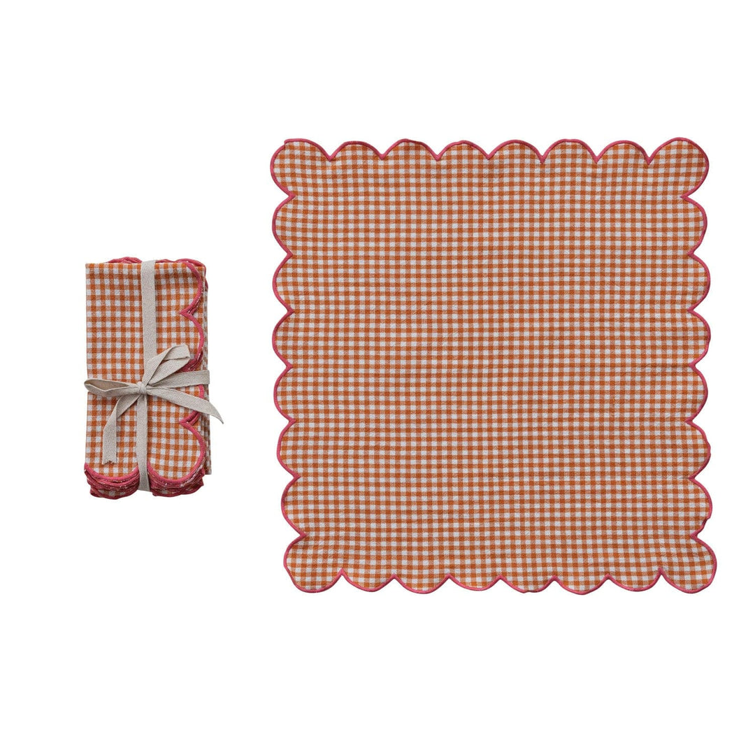 Creative Coop Home Cotton Scalloped Napkins with Contrasting Stitched Edges, Set of 4 Tied with Cotton Tape