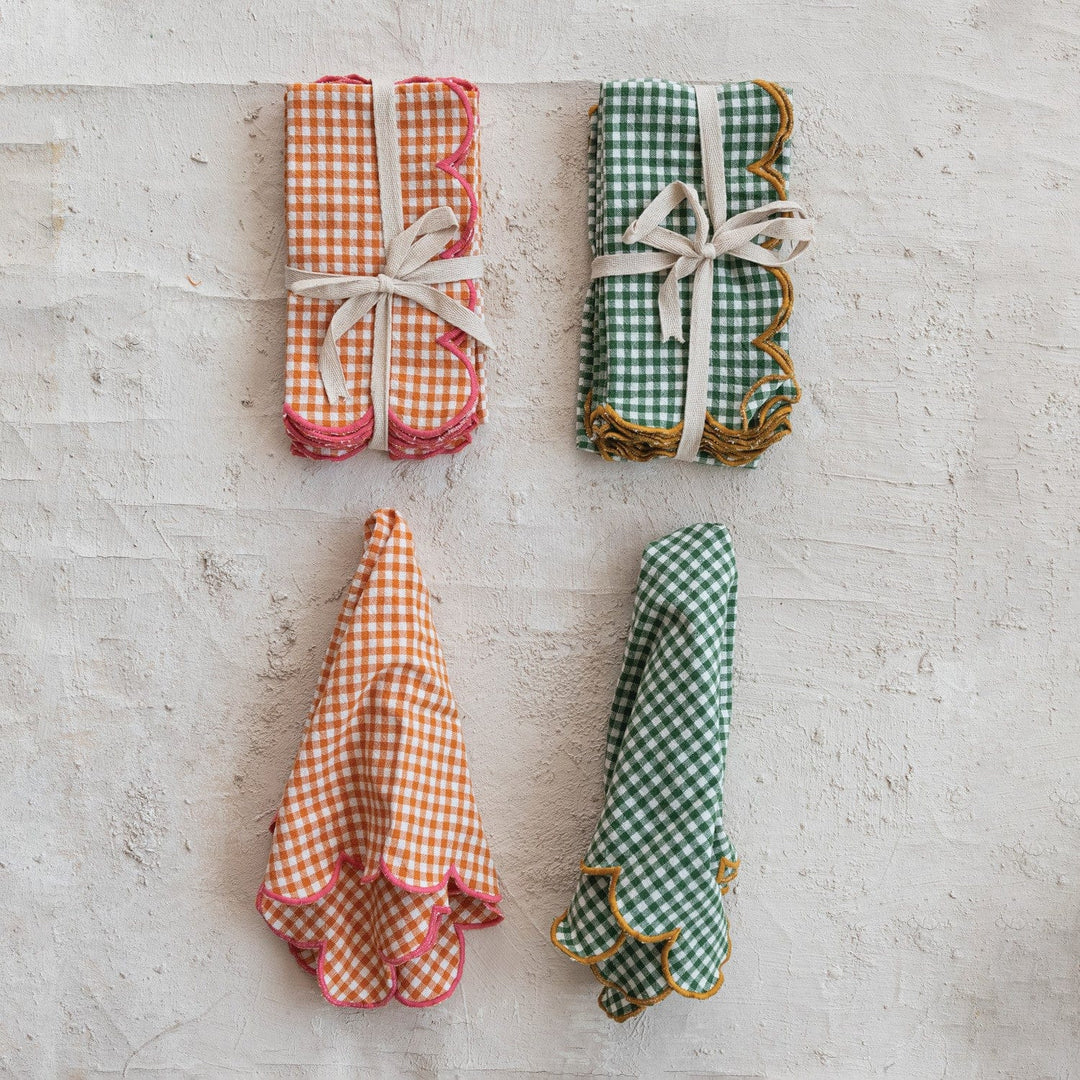 Creative Coop Home Cotton Scalloped Napkins with Contrasting Stitched Edges, Set of 4 Tied with Cotton Tape