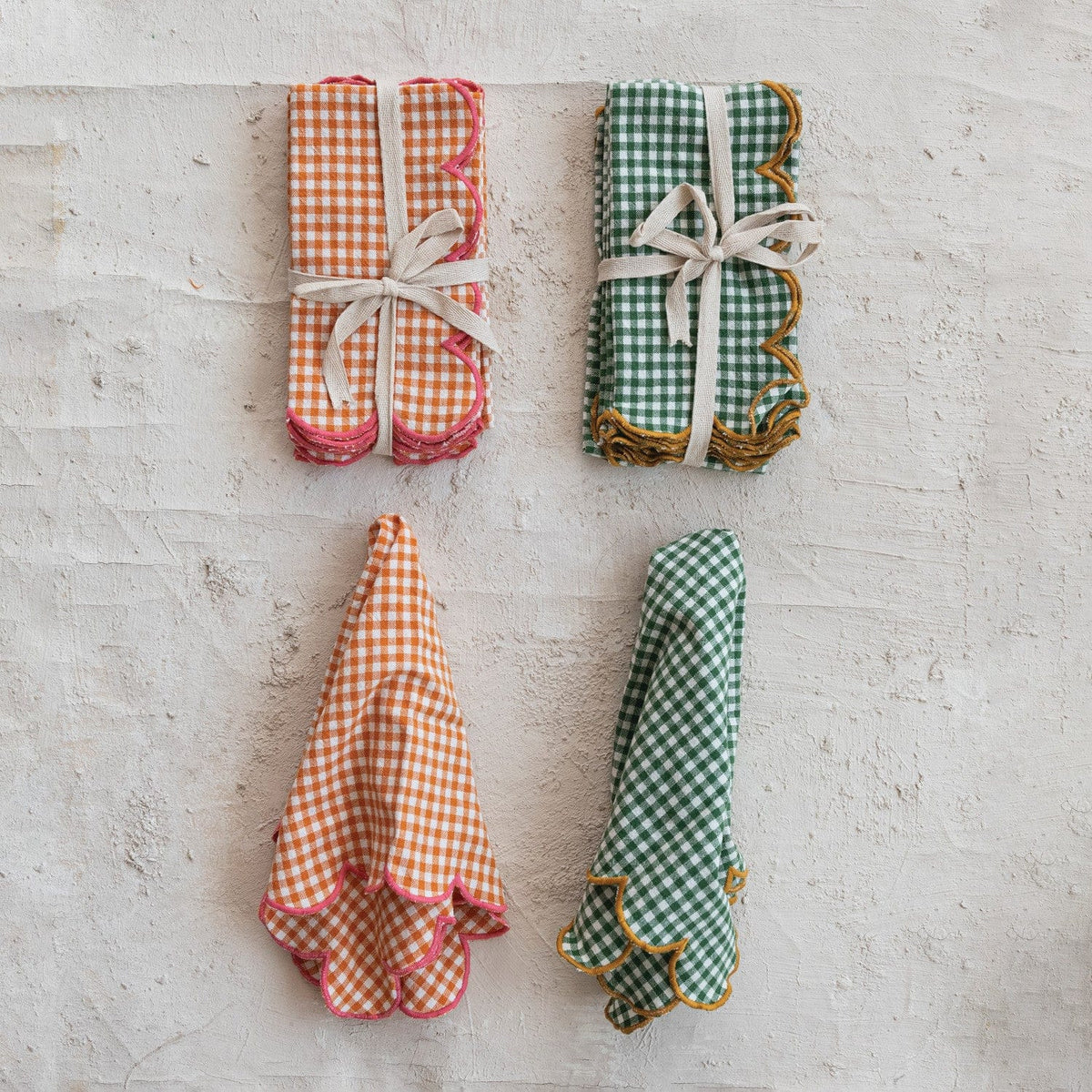 Creative Coop Home Cotton Scalloped Napkins with Contrasting Stitched Edges, Set of 4 Tied with Cotton Tape