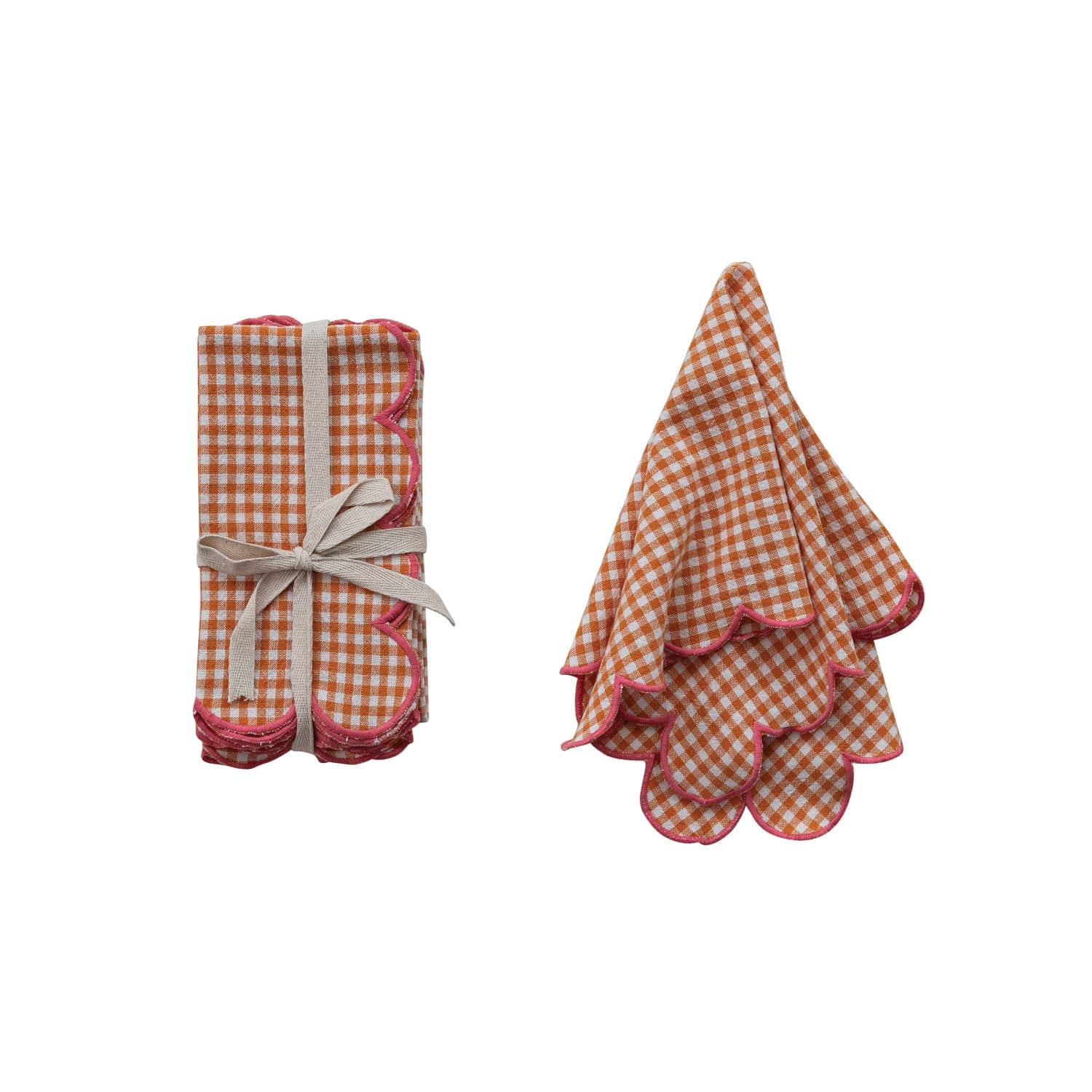 Creative Coop Home Cotton Scalloped Napkins with Contrasting Stitched Edges, Set of 4 Tied with Cotton Tape