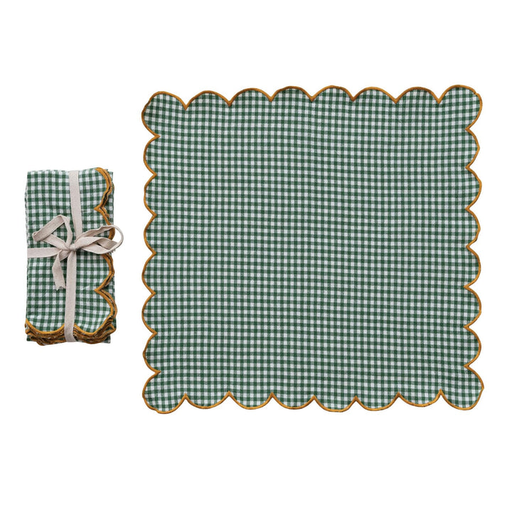 Creative Coop Home Cotton Scalloped Napkins with Contrasting Stitched Edges, Set of 4 Tied with Cotton Tape