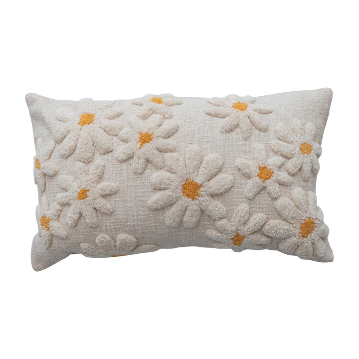 Creative Coop Home Cotton Slub Lumbar Pillow with Tufted Flowers, Natural & Yellow