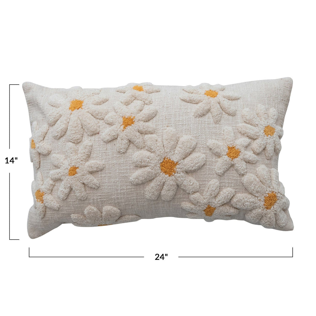 Creative Coop Home Cotton Slub Lumbar Pillow with Tufted Flowers, Natural & Yellow