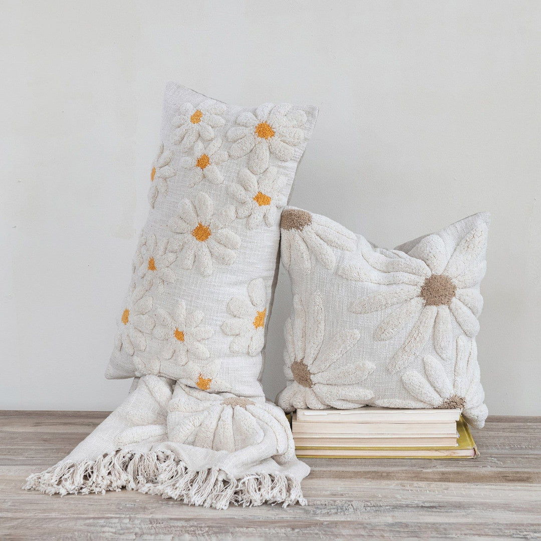 Creative Coop Home Cotton Slub Lumbar Pillow with Tufted Flowers, Natural & Yellow