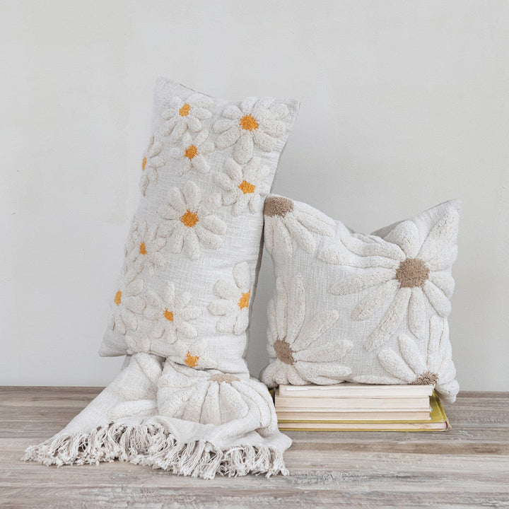 Creative Coop Home Cotton Slub Lumbar Pillow with Tufted Flowers, Natural & Yellow