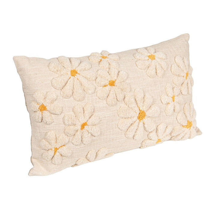 Creative Coop Home Cotton Slub Lumbar Pillow with Tufted Flowers, Natural & Yellow