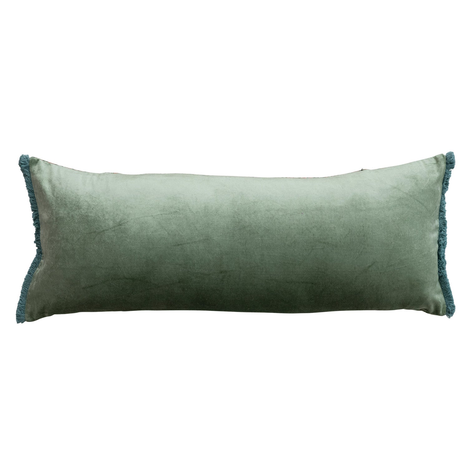 Creative Coop Home Cotton Velvet Lumbar Pillow with Pattern & Eyelash Fringe